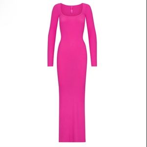 🆕SKIMS HOT PINK SOFT LOUNGE RIBBED LONG SLEEVE SQUARE NECK MERMAID MAXI DRESS
